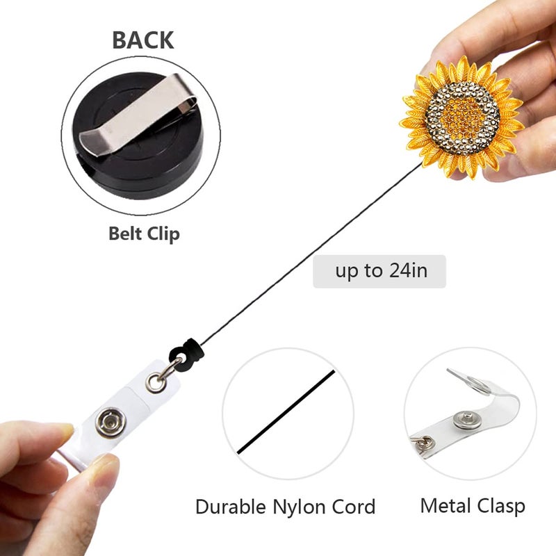 Ascrafter 2 Pack Golden Sunflower Badge Reel  Bling Crystal Retractable Badge Holder with Belt Clip  ID Card Holder for Women Nurse Teacher - Image 4